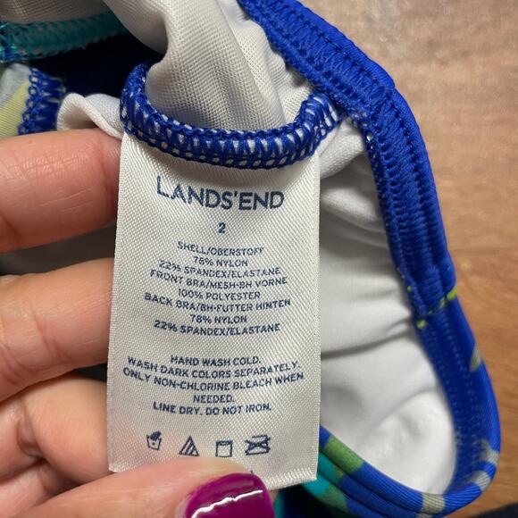 Lands End Womens Blue Green Palm Leaf Racerback Tankini Swim Top Size 2 Modest - Picture 6 of 6